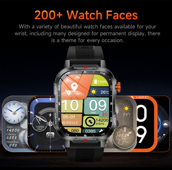 rugged outdoor smart watch for men 1100mah extra long battery with led flashlight & compass 2.01 hd screen bluetooth calling ip68 waterproof fitness tracker black" Smartwatch displaying multiple colourful watch face designs