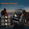rugged outdoor smart watch for men 1100mah extra long battery with led flashlight & compass 2.01 hd screen bluetooth calling ip68 waterproof fitness tracker black" Smartwatch displaying weather forecast with mountain backdrop