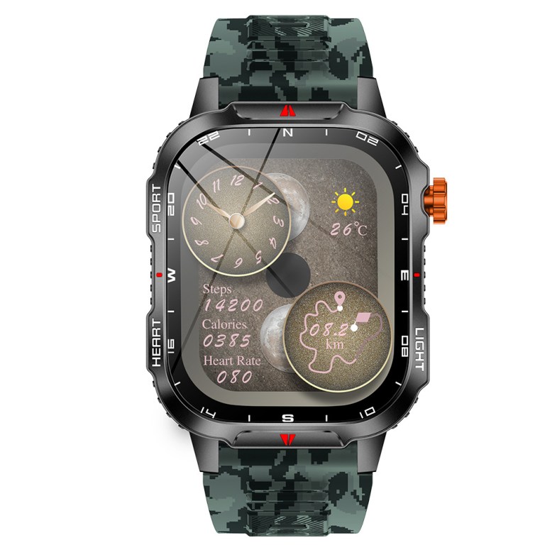 Rugged smartwatch with camouflage strap and fitness display