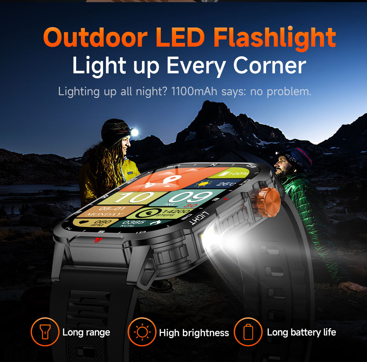 Outdoor LED flashlight smartwatch with hikers at night