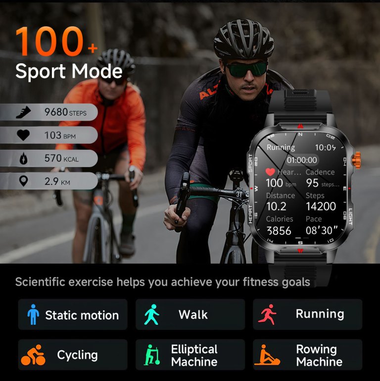 Smartwatch displaying cycling stats with riders behind
