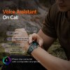 rugged outdoor smart watch for men 1100mah extra long battery with led flashlight & compass 2.01 hd screen bluetooth calling ip68 waterproof fitness tracker camouflage color" Man using smartwatch voice assistant outdoors
