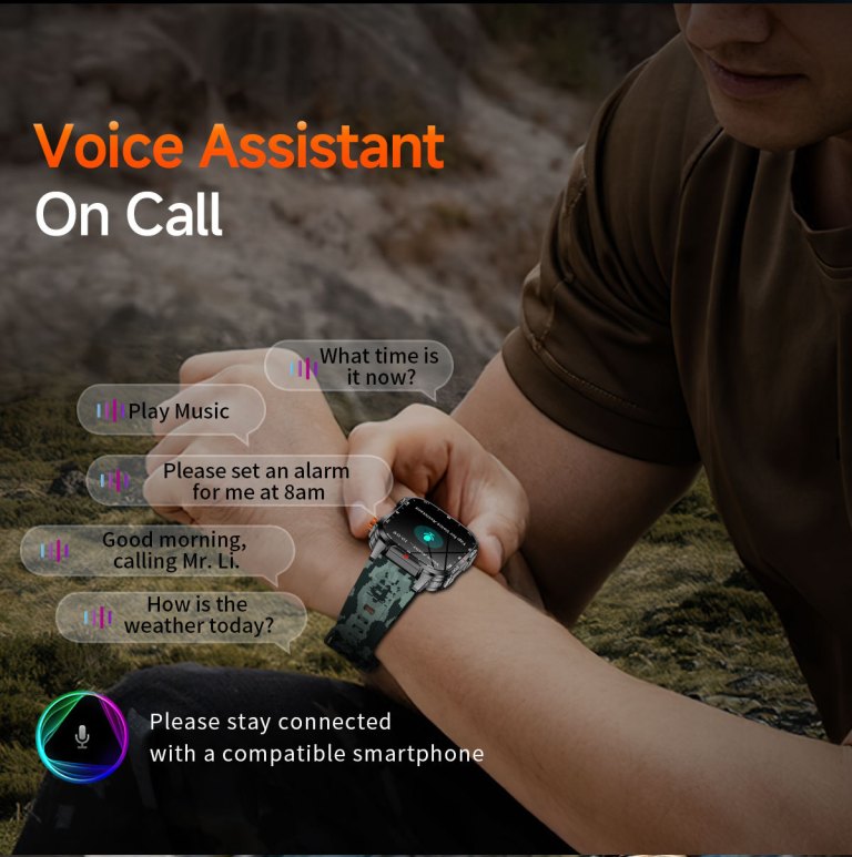 Man using smartwatch voice assistant outdoors