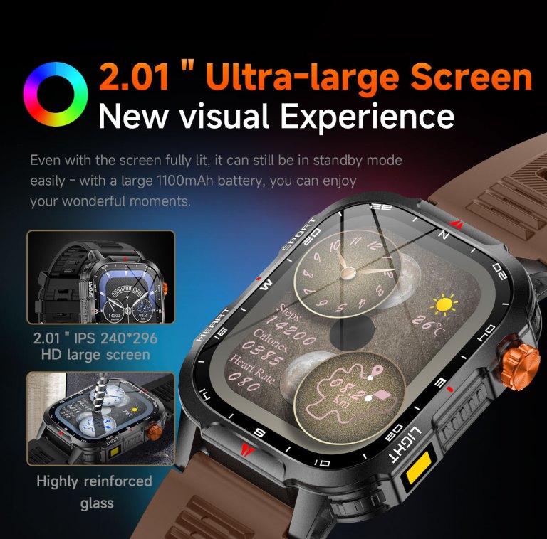 rugged outdoor smart watch for men 1100mah extra long battery with led flashlight & compass 2.01 hd screen bluetooth calling ip68 waterproof fitness tracker orange" Rugged smartwatch with 2.01-inch ultra-large display
