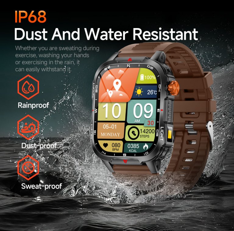 rugged outdoor smart watch for men 1100mah extra long battery with led flashlight & compass 2.01 hd screen bluetooth calling ip68 waterproof fitness tracker orange" IP68 waterproof smartwatch splashing in water