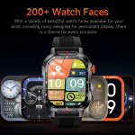 rugged outdoor smart watch for men 1100mah extra long battery with led flashlight & compass 2.01 hd screen bluetooth calling ip68 waterproof fitness tracker orange" Smartwatch displaying multiple colourful watch face options