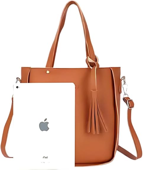 Tan leather tote bag with tablet for size