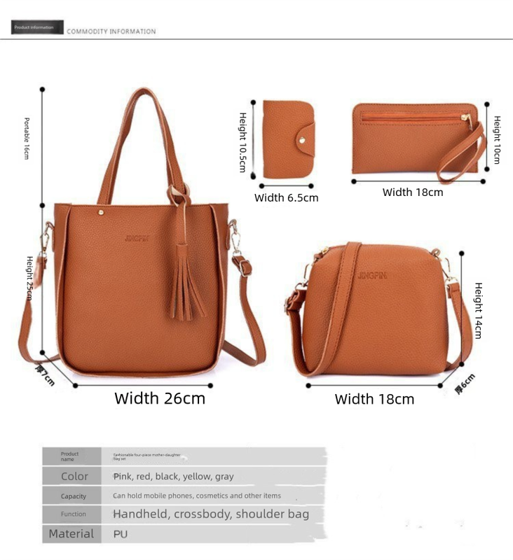 Brown leather handbag set with dimensions displayed