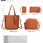 grey 4 piece women bag set lychee grain pu leather large capacity tote shoulder bag crossbody clutch and card holder for daily travel and work use Brown handbag set with dimensions and accessories