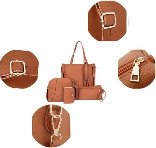 red 4 piece women bag set lychee grain pu leather large capacity tote shoulder bag crossbody clutch and card holder for daily travel and work use Brown leather handbag set with gold hardware