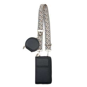 Black leather crossbody phone bag with patterned strap