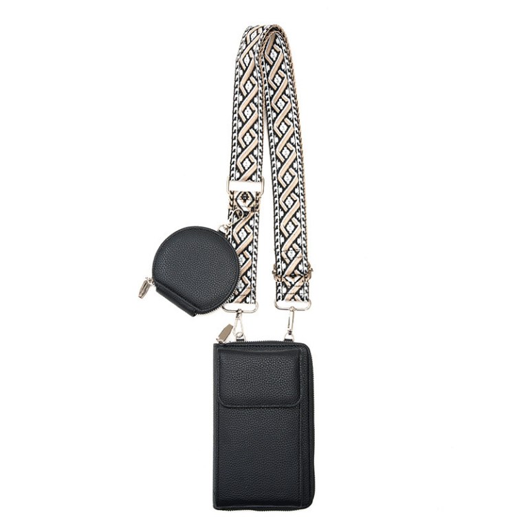 Black leather crossbody phone bag with patterned strap