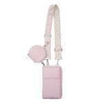 Pink crossbody phone bag with patterned strap