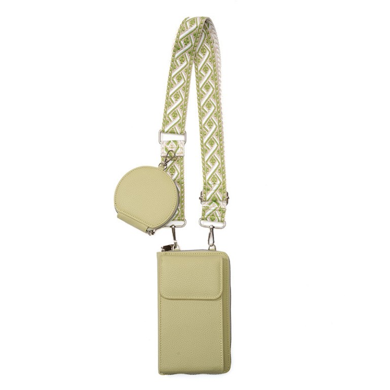 Light green crossbody phone bag with patterned strap