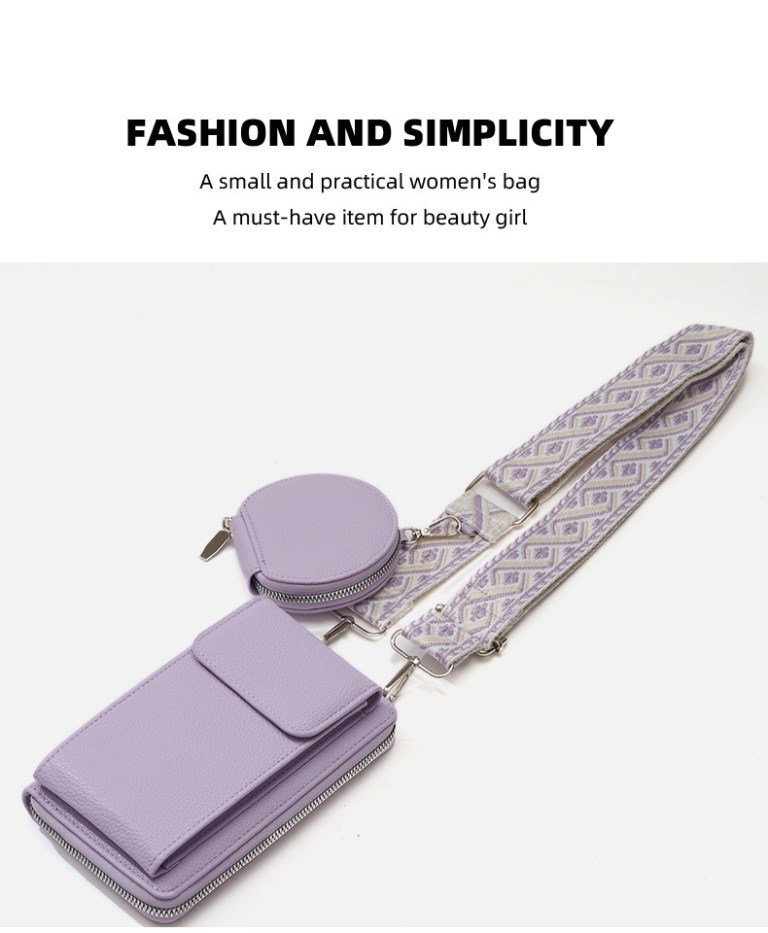 Lilac small women's crossbody bag with patterned strap