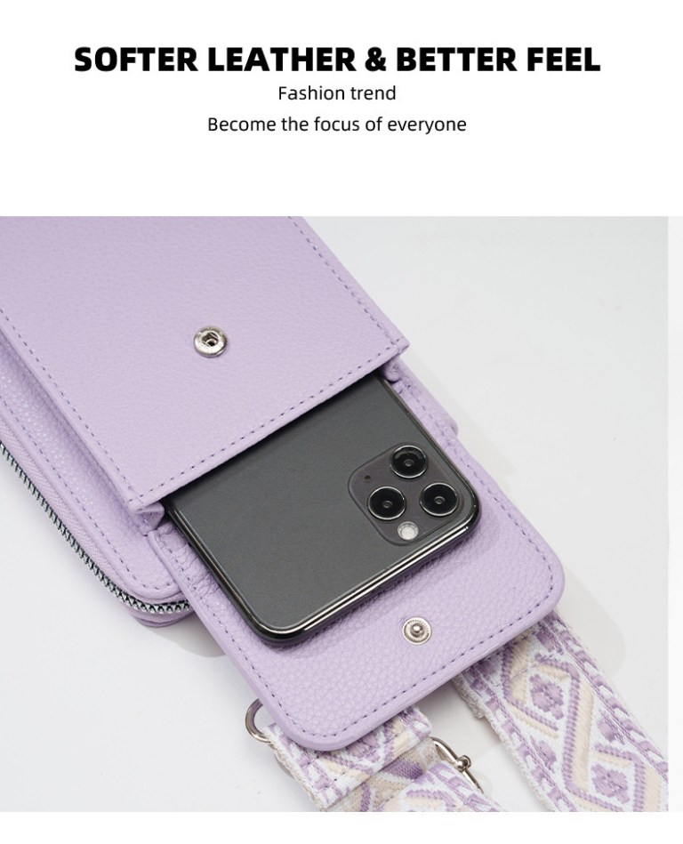 Lavender leather phone crossbody bag with smartphone