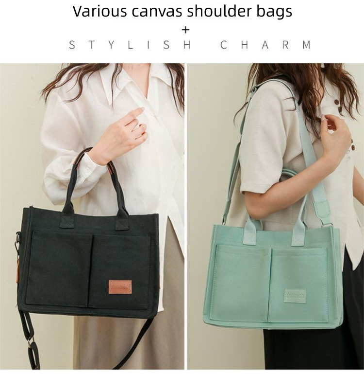 Black and mint canvas shoulder bags on models