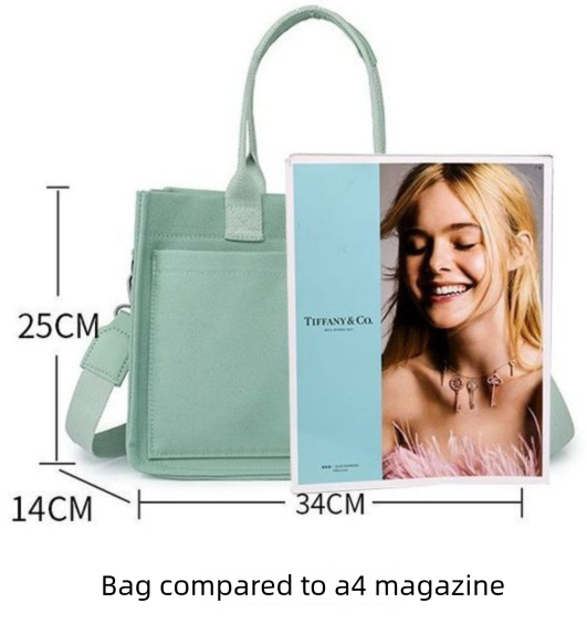 Mint green tote bag beside A4 magazine