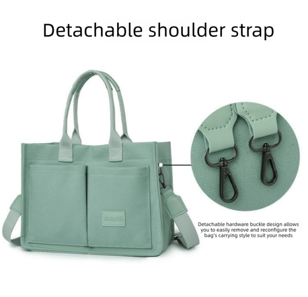 black large canvas tote bag for women multi pocket utility organiser with wide adjustable shoulder strap trendy crossbody and handheld bag for work, shopping and travel daily comfort solution Mint green tote with detachable shoulder strap