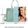 black large canvas tote bag for women multi pocket utility organiser with wide adjustable shoulder strap trendy crossbody and handheld bag for work, shopping and travel daily comfort solution Mint green handbag beside A4 magazine for size