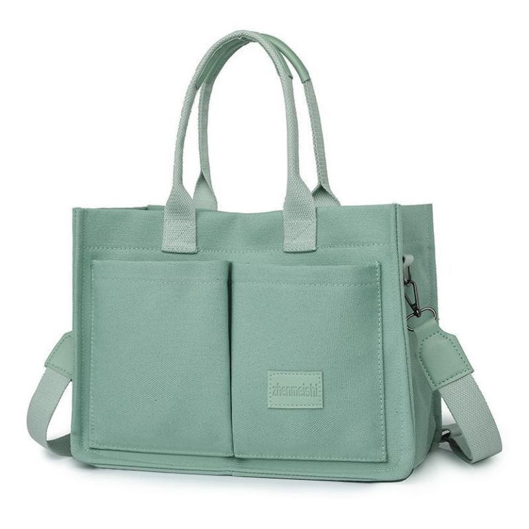 Mint green canvas tote bag with shoulder strap