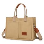 Beige canvas tote bag with front pockets