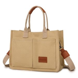 Beige canvas tote bag with front pockets