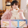 white winter scarf gift box set for women (4 piece set: earmuffs, hat, gloves, and scarf) soft warm scarf with luxury gift packaging birthday present for girlfriend wife daughter Woman wearing white scarf and pink sweater indoors