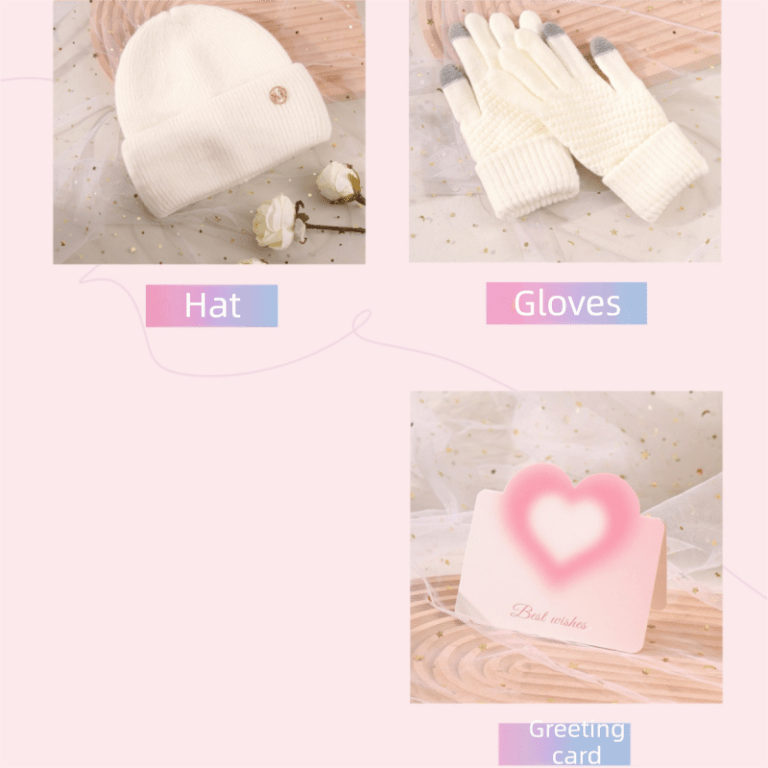 Cream knit hat, gloves and heart greeting card