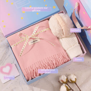 Pastel gift box with pink scarf, earmuffs, gloves