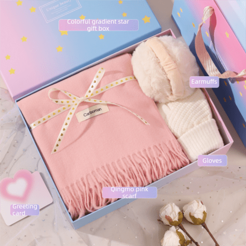 Pastel gift box with pink scarf, earmuffs, gloves