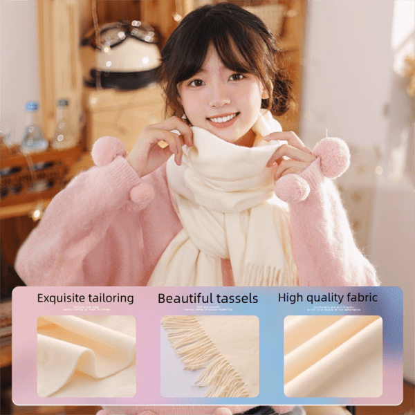 pink and white winter scarf gift box set for women (earmuffs, gloves, and scarf 3 piece set) soft warm scarf with luxury gift packaging birthday present for girlfriend wife daughter Woman in pink sweater wearing white scarf indoors