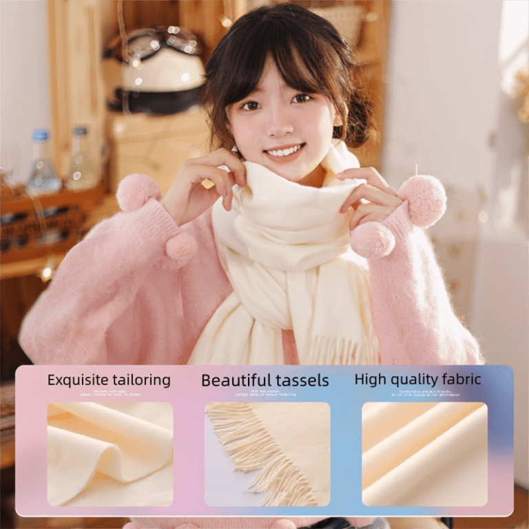 pink and white winter scarf gift box set for women (earmuffs, gloves, and scarf 3 piece set) soft warm scarf with luxury gift packaging birthday present for girlfriend wife daughter Woman in pink sweater wearing white scarf indoors