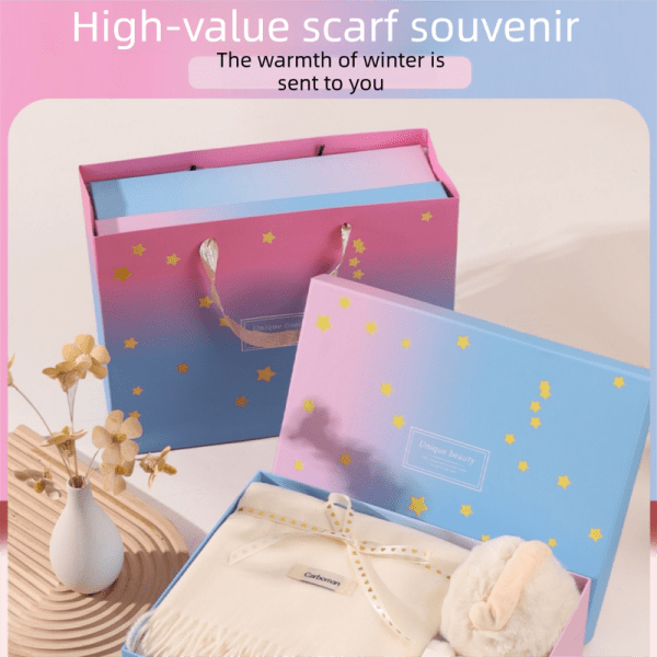 pink and white winter scarf gift box set for women (earmuffs, gloves, and scarf 3 piece set) soft warm scarf with luxury gift packaging birthday present for girlfriend wife daughter Pastel gift box with scarf and earmuffs