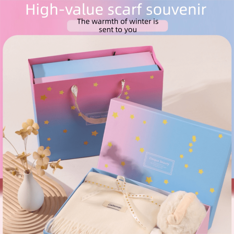 pink and white winter scarf gift box set for women (earmuffs, gloves, and scarf 3 piece set) soft warm scarf with luxury gift packaging birthday present for girlfriend wife daughter Pastel gift box with scarf and earmuffs