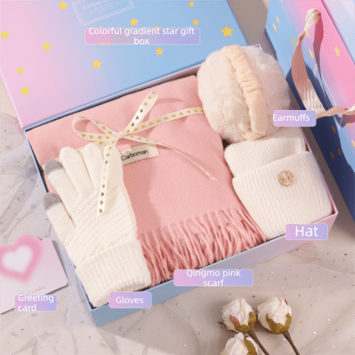 Pastel gift box with scarf, gloves, hat and earmuffs