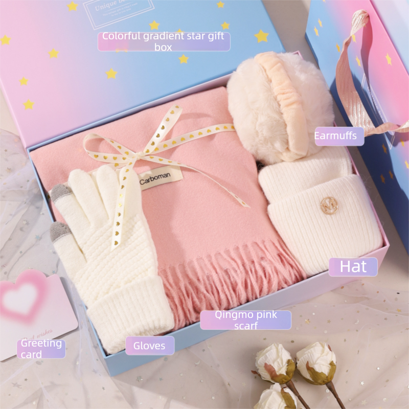 Pastel gift box with scarf, gloves, hat and earmuffs