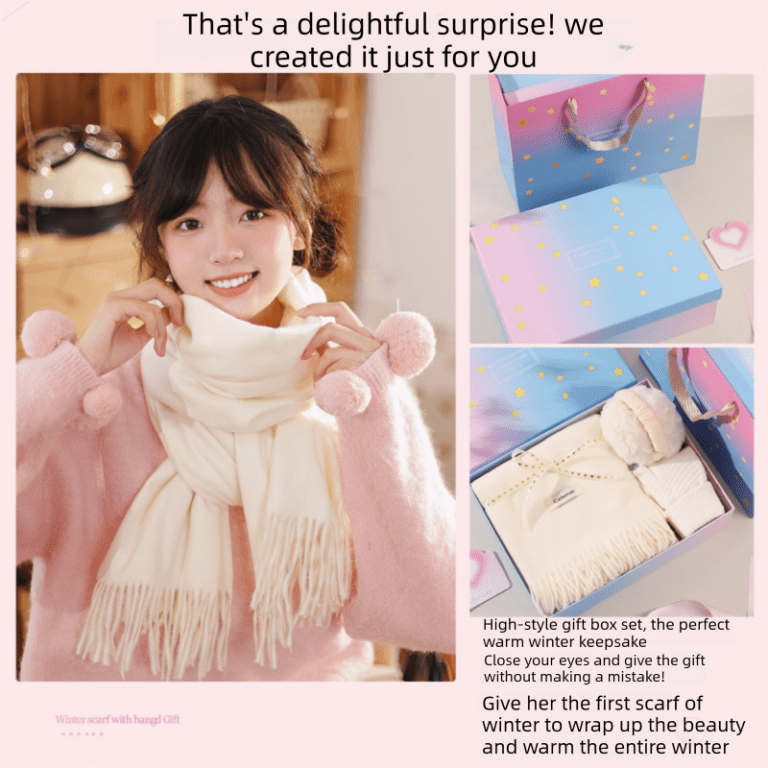 pink and white winter scarf gift box set for women (4 piece set: earmuffs, hat, gloves, and scarf) soft warm scarf with luxury gift packaging birthday present for girlfriend wife daughter Woman modelling winter scarf with pastel gift box set
