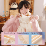 pink and white winter scarf gift box set for women (4 piece set: earmuffs, hat, gloves, and scarf) soft warm scarf with luxury gift packaging birthday present for girlfriend wife daughter Woman wearing white scarf with pom-poms indoors
