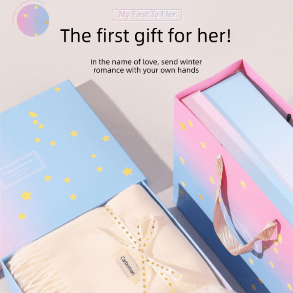 pink and white winter scarf gift box set for women (4 piece set: earmuffs, hat, gloves, and scarf) soft warm scarf with luxury gift packaging birthday present for girlfriend wife daughter Pastel star-patterned gift boxes with ribbon detail
