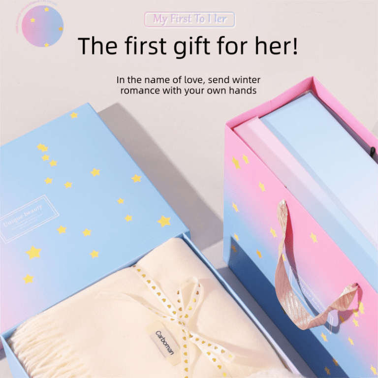 pink and white winter scarf gift box set for women (4 piece set: earmuffs, hat, gloves, and scarf) soft warm scarf with luxury gift packaging birthday present for girlfriend wife daughter Pastel star-patterned gift boxes with ribbon detail