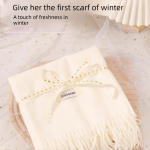 pink and white winter scarf gift box set for women (4 piece set: earmuffs, hat, gloves, and scarf) soft warm scarf with luxury gift packaging birthday present for girlfriend wife daughter Cream winter scarf with ribbon and fringe
