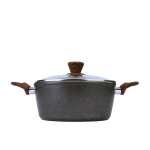 Speckled grey cooking pot with lid and wooden handles