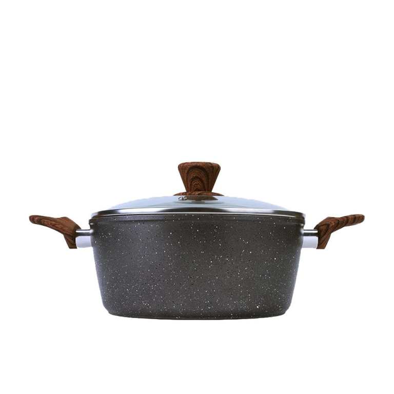 Speckled grey cooking pot with lid and wooden handles