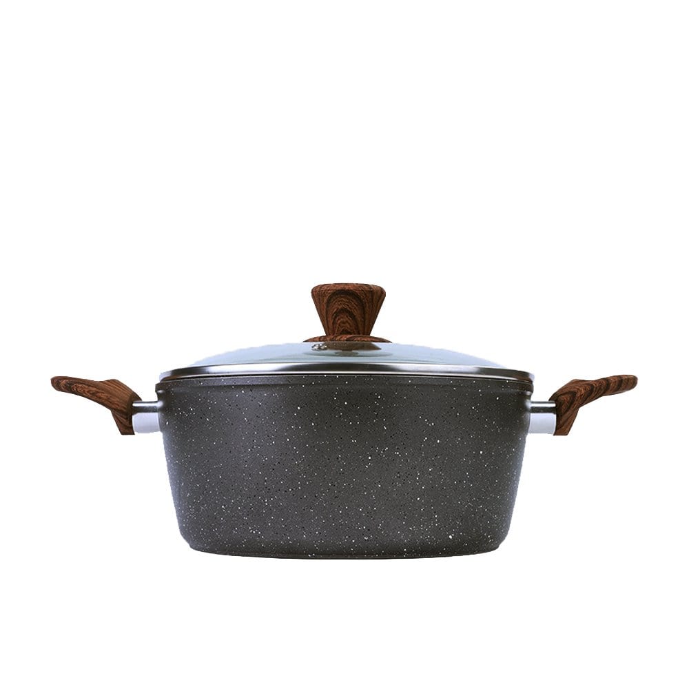 v915 cv0055 203447 00.jpg Speckled grey cooking pot with lid and wooden handles