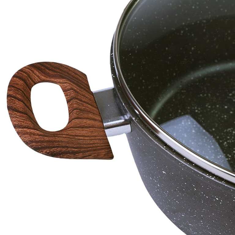 Speckled cooking pot with glass lid and wood handle