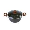 Black speckled stockpot with glass lid and wooden handles
