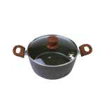 Black speckled stockpot with glass lid and wooden handles