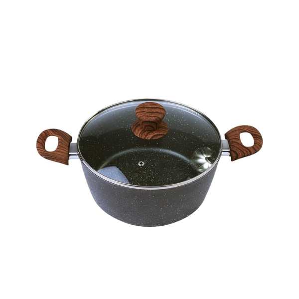 Black speckled stockpot with glass lid and wooden handles