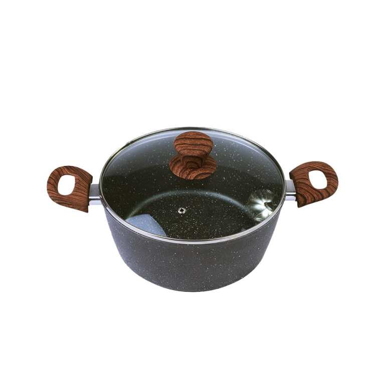 Black speckled stockpot with glass lid and wooden handles